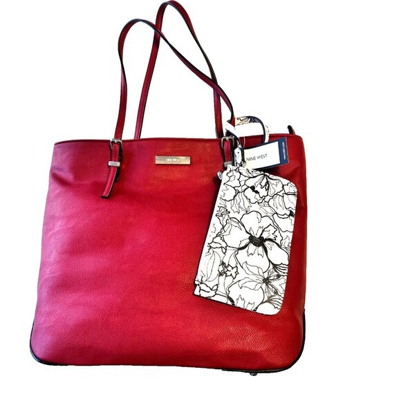 Nine West Blake Red Large Shoulder Tote Bag Purse & Bonus Black/White  Pouch NEW - Picture 2 of 16